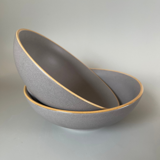 Set of 2 grey ceramic serve bowls with gold rim – elegant 7-inch bowls for serving curries, dals, or desserts at home