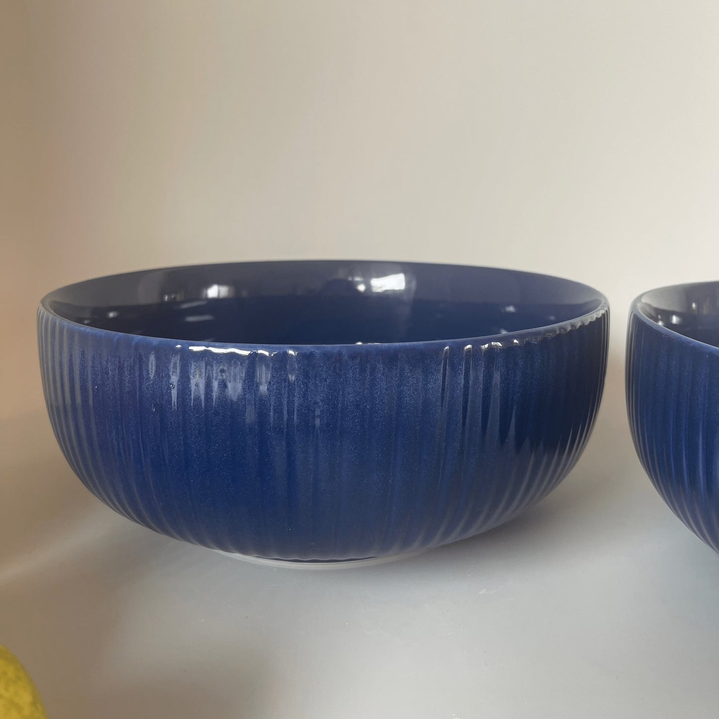 Large blue ceramic serving bowl with ribbed texture, ideal for Indian family meals, salads, or mixing in the kitchen