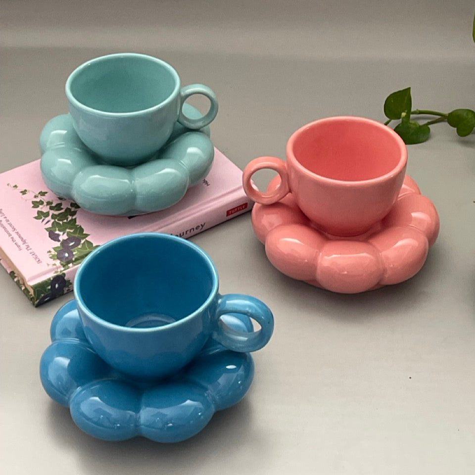 Ceramic coffee cup with cloud-shaped saucer, glossy finish, Pinterest-inspired