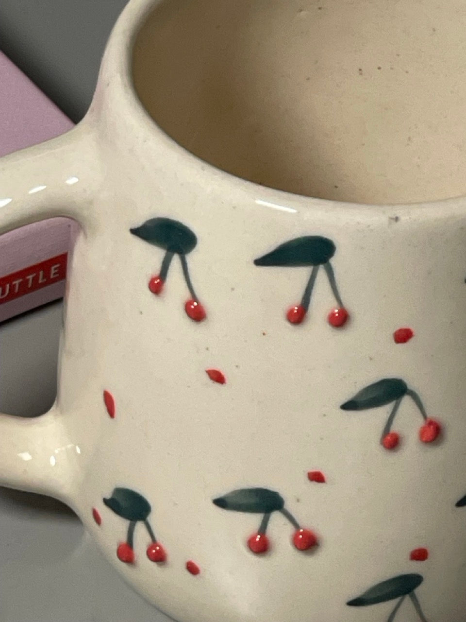 Set of two ceramic mugs with heart and cherry prints in Pinterest-inspired design