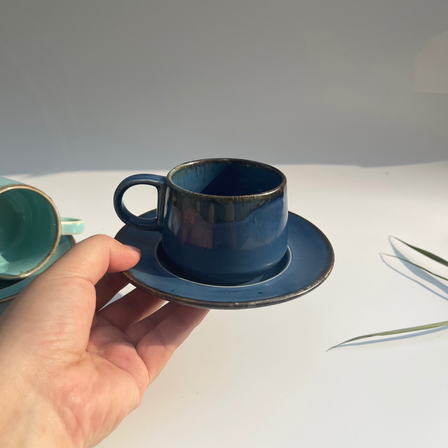 Set of 2 ceramic cups and saucers in teal and blue – elegant drinkware for tea or coffee