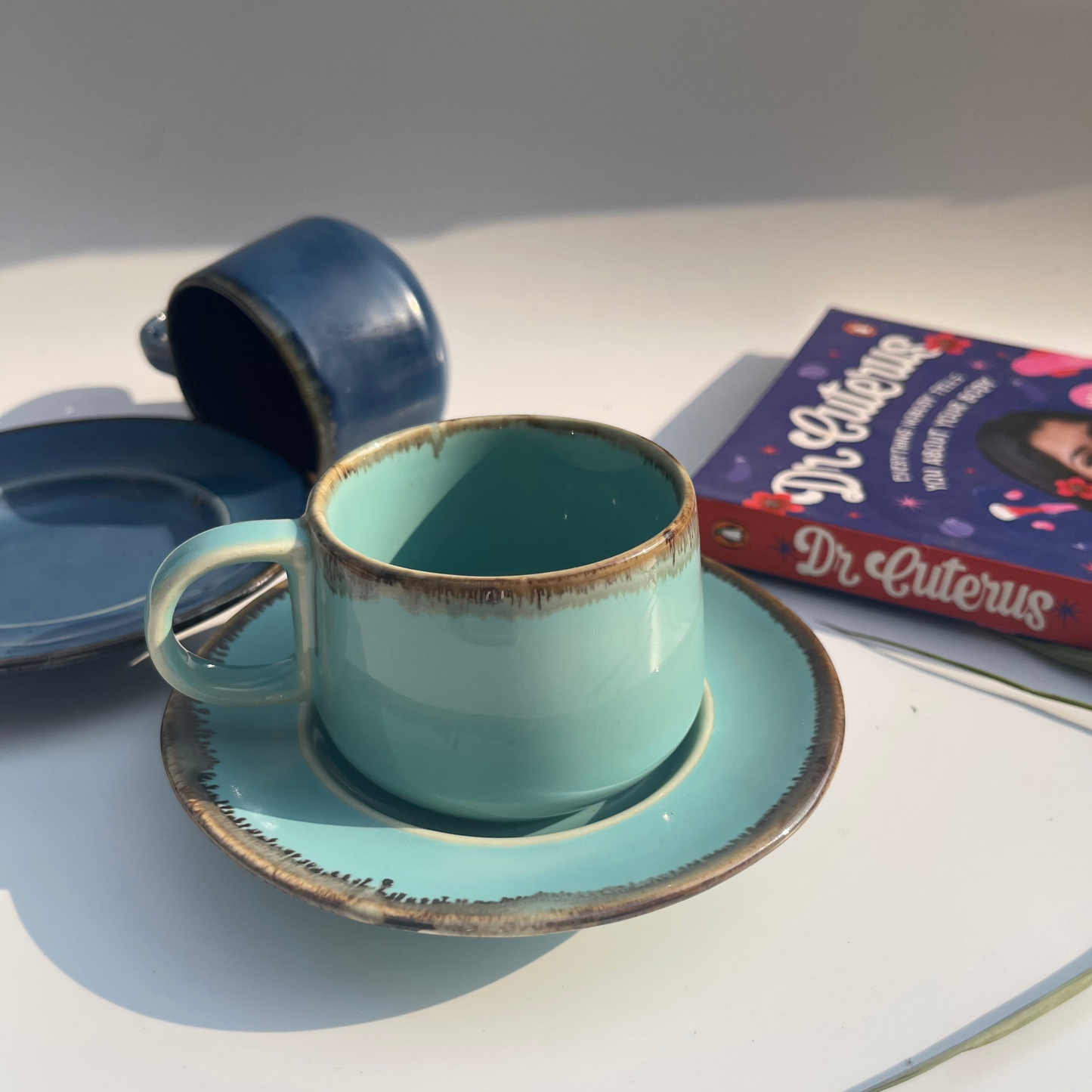 Set of 2 ceramic cups and saucers in teal and blue – elegant drinkware for tea or coffee