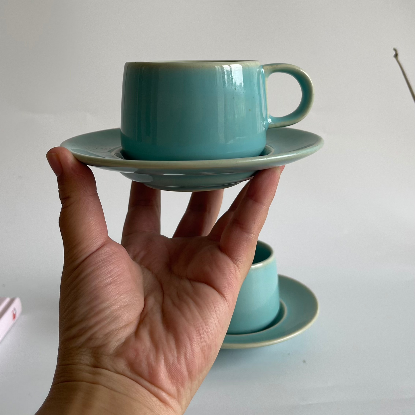 Set of 2 ceramic cups and saucers in teal and blue – elegant drinkware for tea or coffee