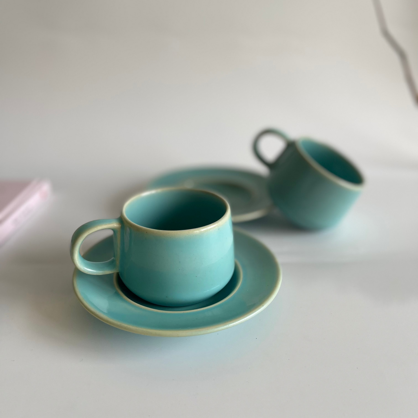 Set of 2 ceramic cups and saucers in teal and blue – elegant drinkware for tea or coffee