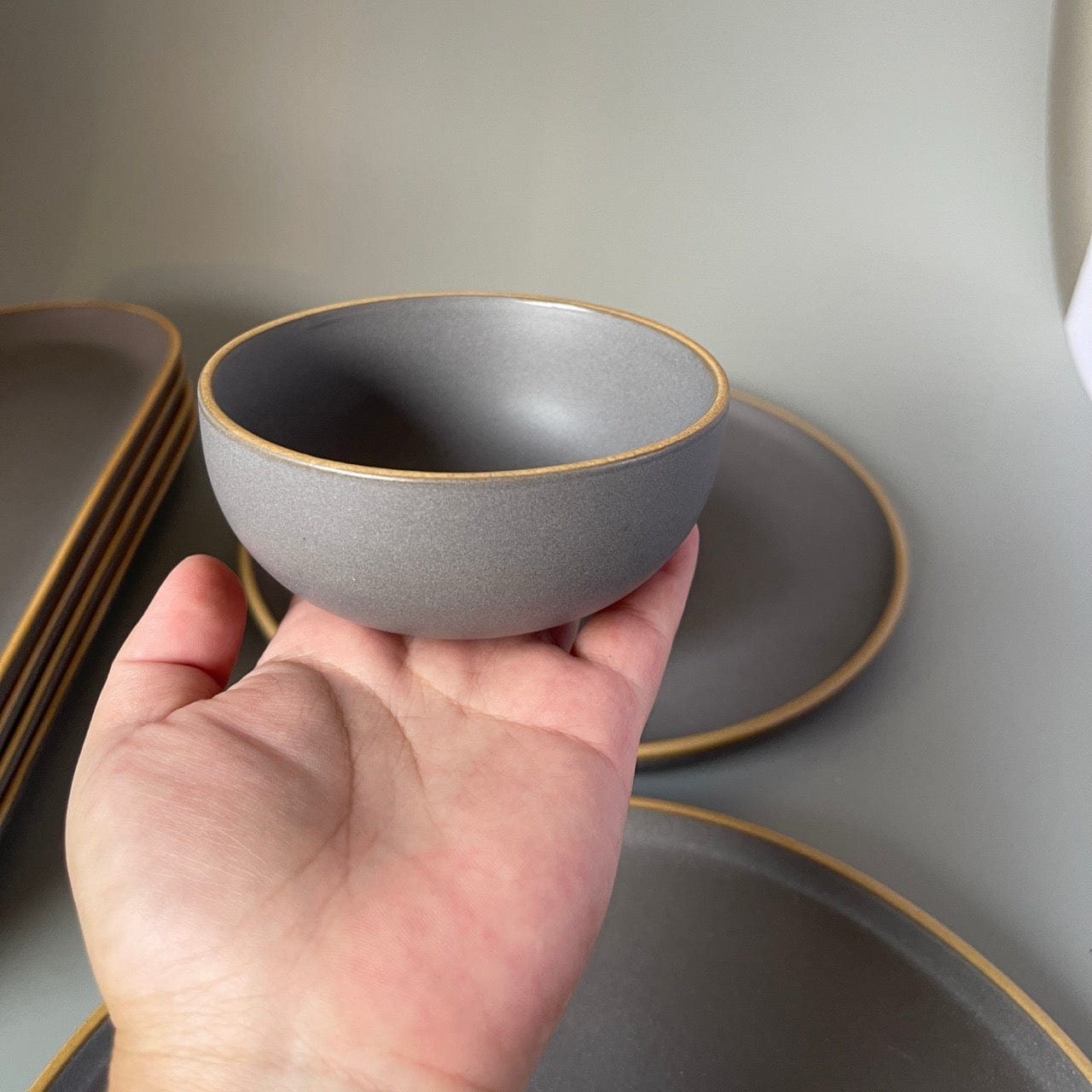 Set of 2 grey ceramic dinner plates and dal bowls with gold rims – elegant dinnerware for everyday and festive dining