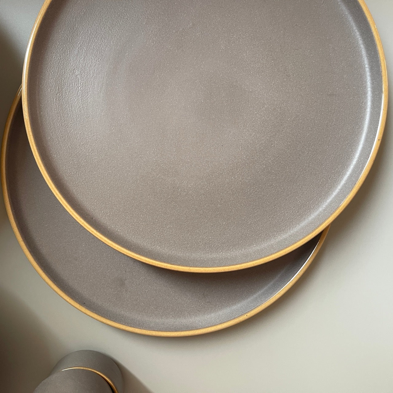 Set of 2 grey ceramic dinner plates and dal bowls with gold rims – elegant dinnerware for everyday and festive dining