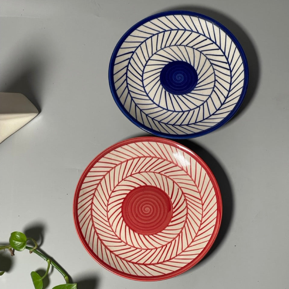 Ceramic quarter plates in Red & Blue Imprints