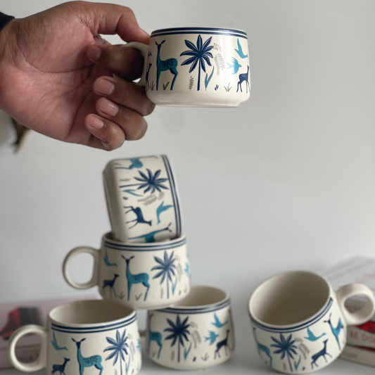 Sips of Nature ceramic tea cup set of 6 with assorted designs featuring deer, leaves, and nature motifs in earthy tones