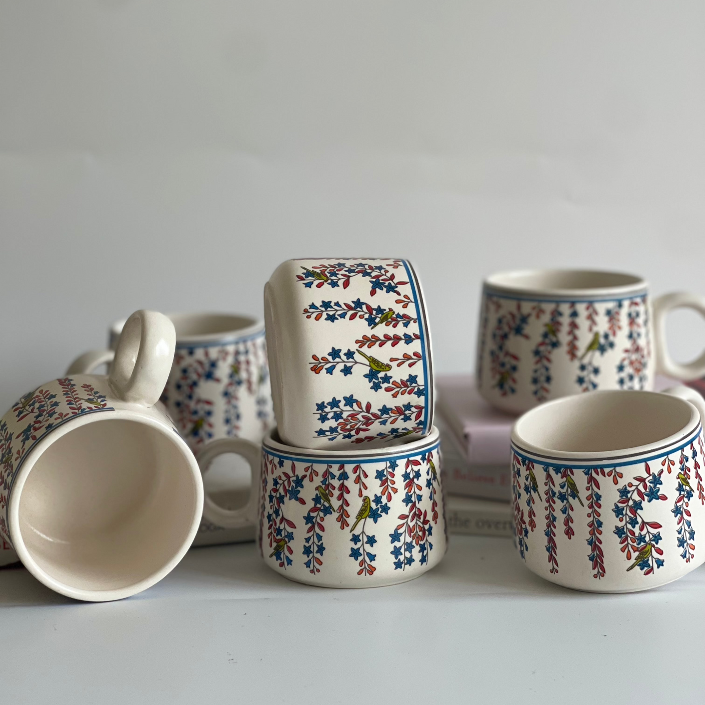 Sips of Nature ceramic tea cup set of 6 with assorted designs featuring deer, leaves, and nature motifs in earthy tones