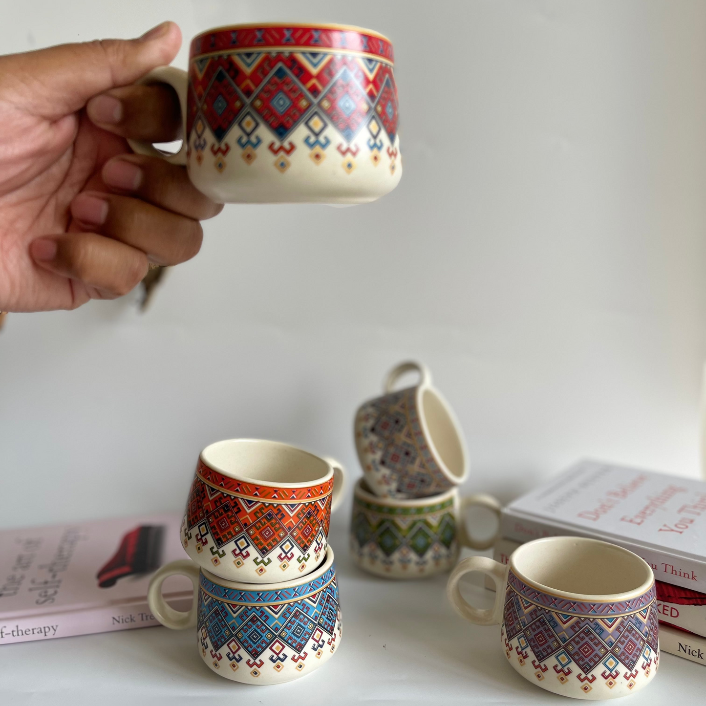 Sips of Nature ceramic tea cup set of 6 with assorted designs featuring deer, leaves, and nature motifs in earthy tones