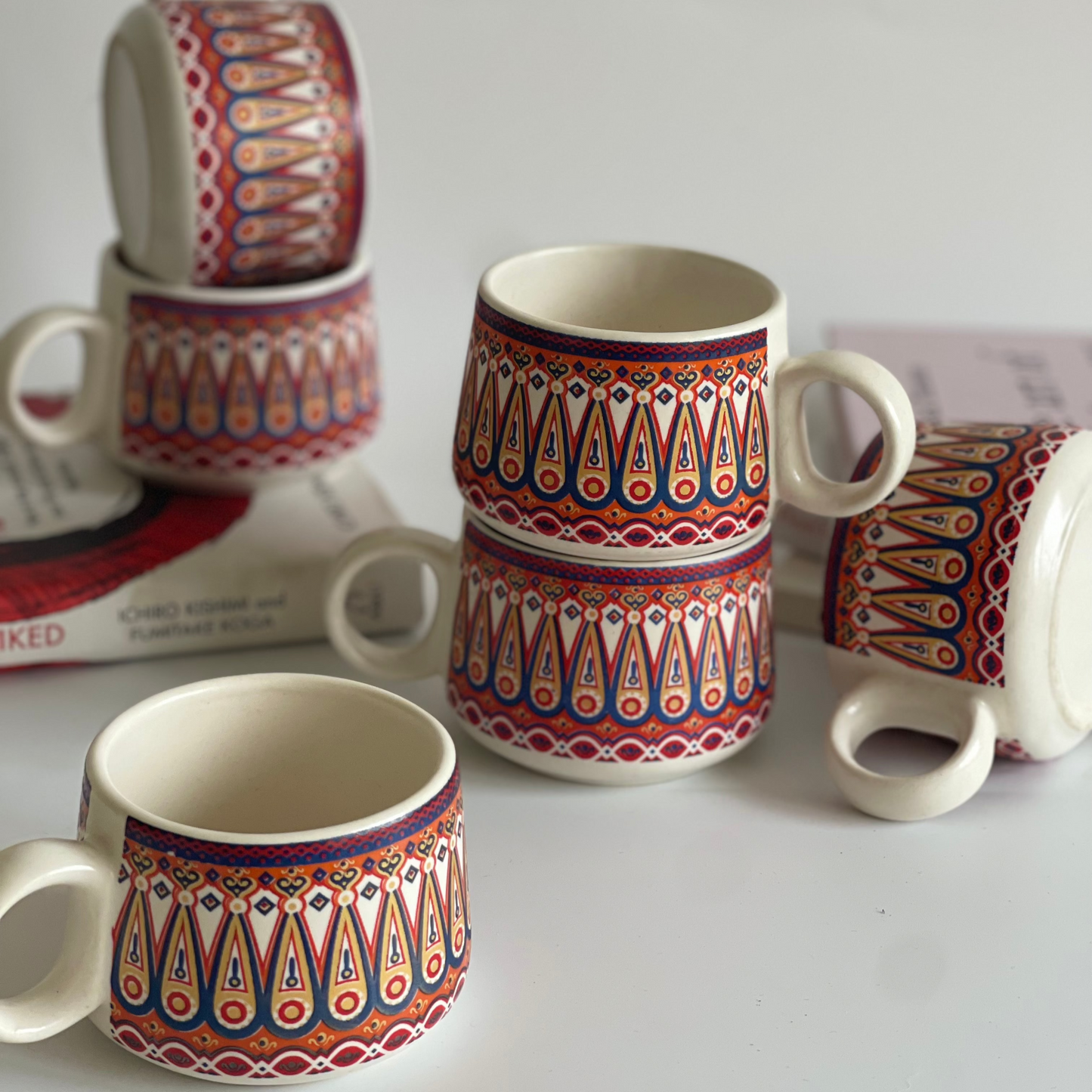 Sips of Nature ceramic tea cup set of 6 with assorted designs featuring deer, leaves, and nature motifs in earthy tones