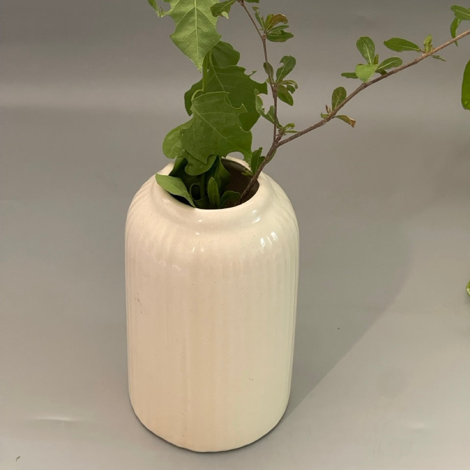 Glossy white ceramic vase with ribbed texture, tall and stout silhouette, styled on a console with dried flowers