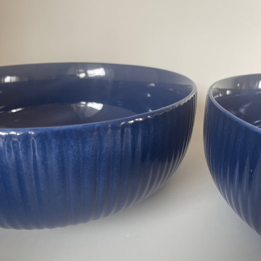 Large blue ceramic serving bowl with ribbed texture, ideal for Indian family meals, salads, or mixing in the kitchen