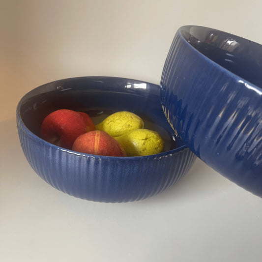 Large blue ceramic serving bowl with ribbed texture, ideal for Indian family meals, salads, or mixing in the kitchen