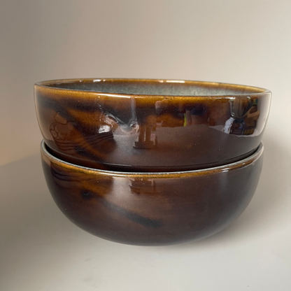 Medium 8.5 inch ceramic serve bowl with earthy brown exterior and grey interior, ideal for Indian meals and everyday serving