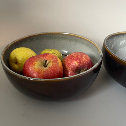 Medium 8.5 inch ceramic serve bowl with earthy brown exterior and grey interior, ideal for Indian meals and everyday serving