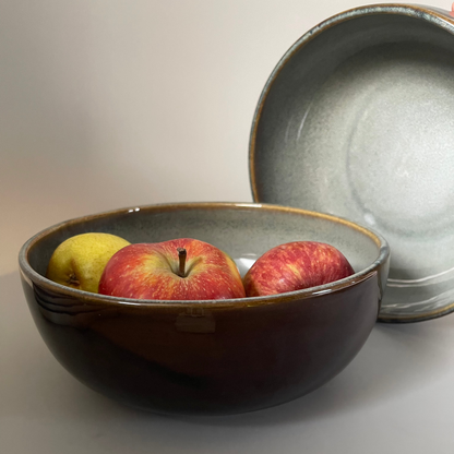 Medium 8.5 inch ceramic serve bowl with earthy brown exterior and grey interior, ideal for Indian meals and everyday serving