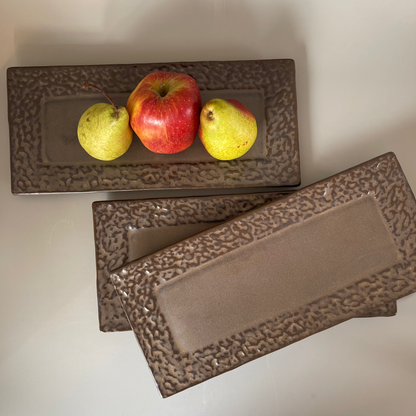 Brown rectangular ceramic embossed platter for serving snacks or displaying decor and jewellery