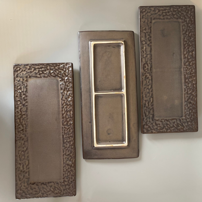 Brown rectangular ceramic embossed platter for serving snacks or displaying decor and jewellery