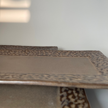 Brown rectangular ceramic embossed platter for serving snacks or displaying decor and jewellery