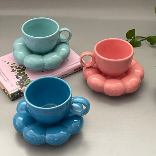 Ceramic coffee cup with cloud-shaped saucer, glossy finish, Pinterest-inspired