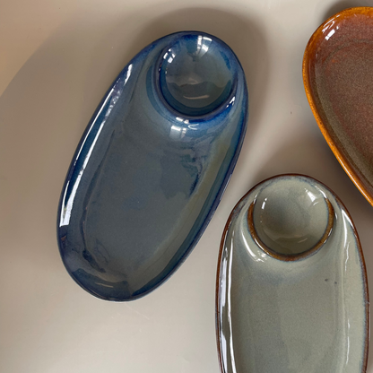 Ceramic chip and dip platter set with built-in dip bowl, available in blue, grey, and brown—perfect for snacks and Indian appetizers