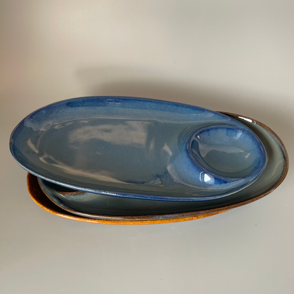Ceramic chip and dip platter set with built-in dip bowl, available in blue, grey, and brown—perfect for snacks and Indian appetizers