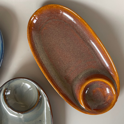 Ceramic chip and dip platter set with built-in dip bowl, available in blue, grey, and brown—perfect for snacks and Indian appetizers