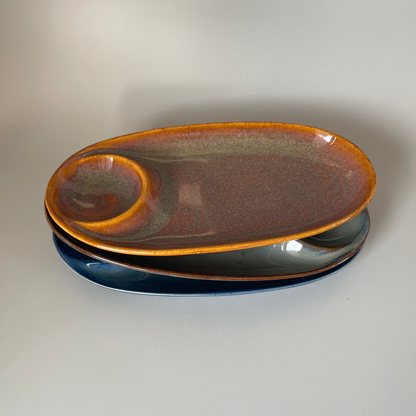 Ceramic chip and dip platter set with built-in dip bowl, available in blue, grey, and brown—perfect for snacks and Indian appetizers