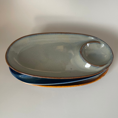 Ceramic chip and dip platter set with built-in dip bowl, available in blue, grey, and brown—perfect for snacks and Indian appetizers