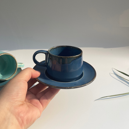 Set of 2 ceramic cups and saucers in teal and blue – elegant drinkware for tea or coffee