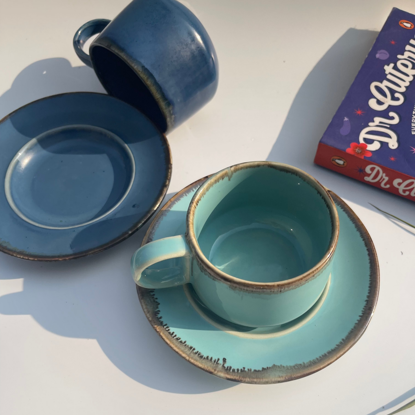 Set of 2 ceramic cups and saucers in teal and blue – elegant drinkware for tea or coffee