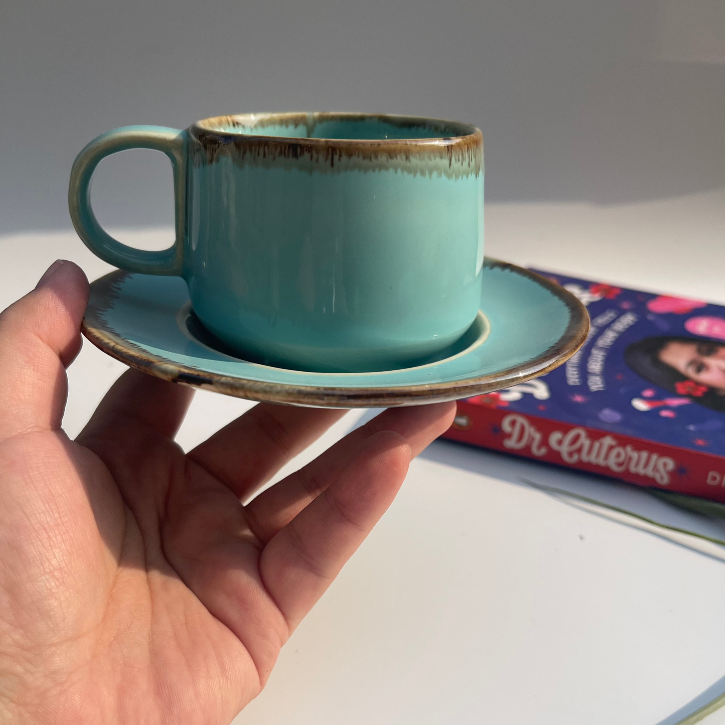 Set of 2 ceramic cups and saucers in teal and blue – elegant drinkware for tea or coffee