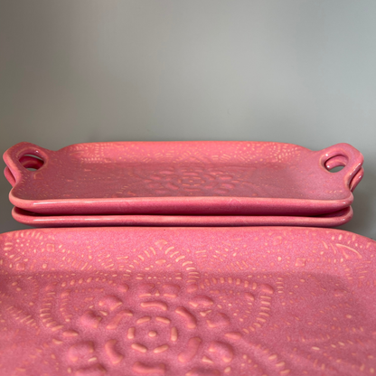 Floral embossed ceramic platter tray for serving appetizers, desserts, or snacks in Indian homes