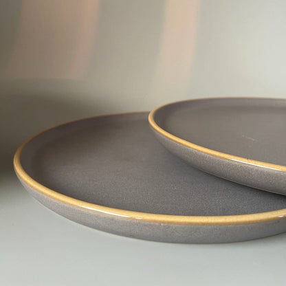 Set of 2 grey ceramic dinner plates and dal bowls with gold rims – elegant dinnerware for everyday and festive dining