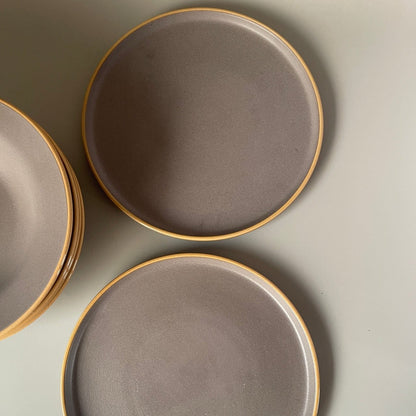 Set of 2 grey ceramic dinner plates and dal bowls with gold rims – elegant dinnerware for everyday and festive dining