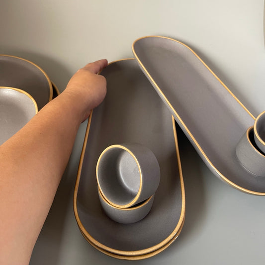 Grey with Gold rim Platter and dips to accompany