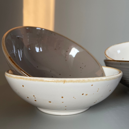 Set of 2 Greyite ribbed ceramic serve bowls with white interior and gold flecks – perfect for Indian meals and everyday serving