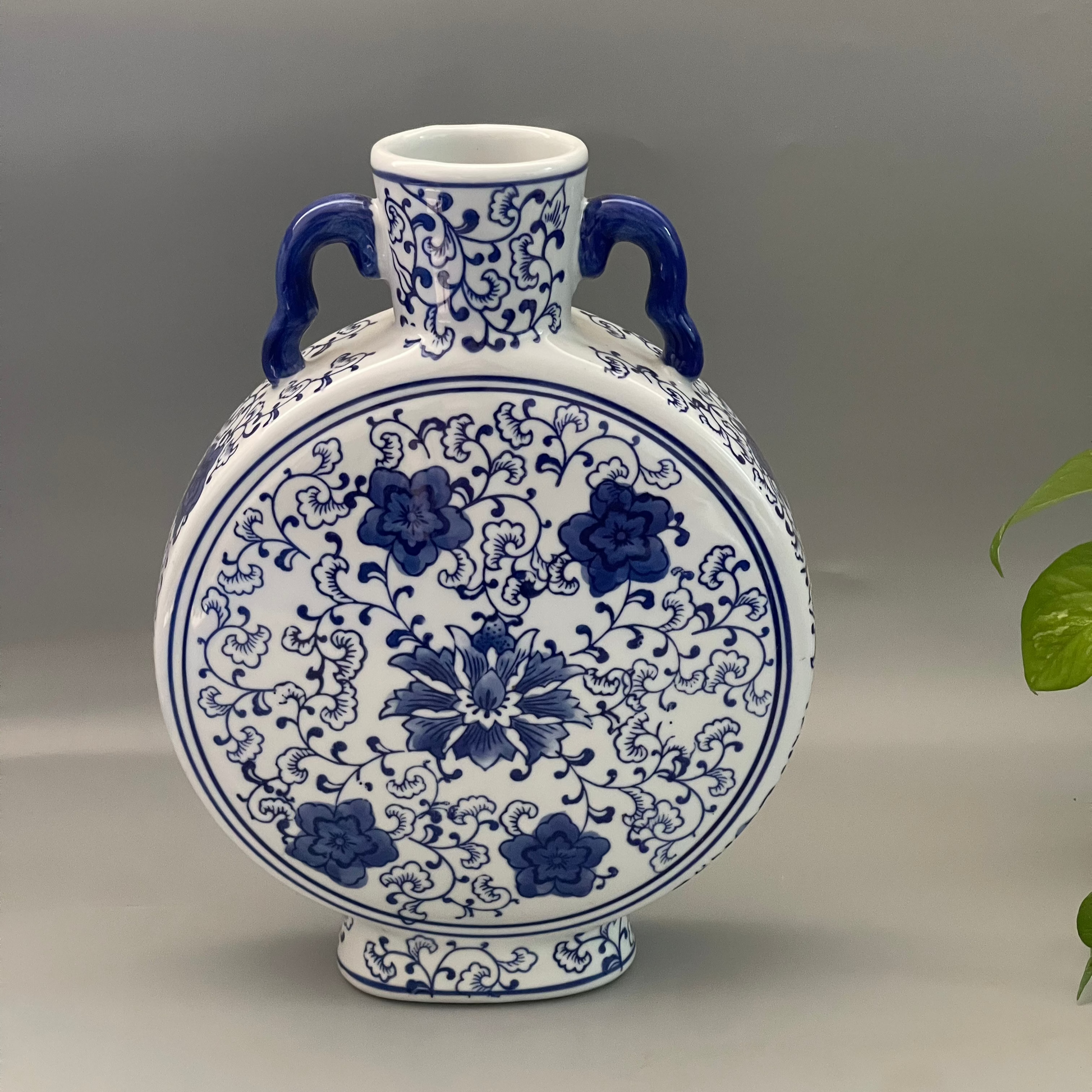 13-inch blue and white Chinese porcelain vase with handles