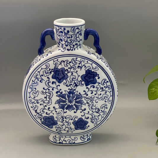 13-inch blue and white Chinese porcelain vase with handles