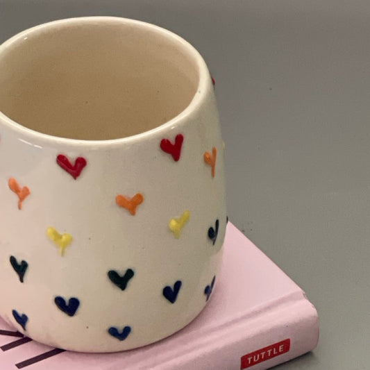 Set of two ceramic mugs with heart and cherry prints in Pinterest-inspired design