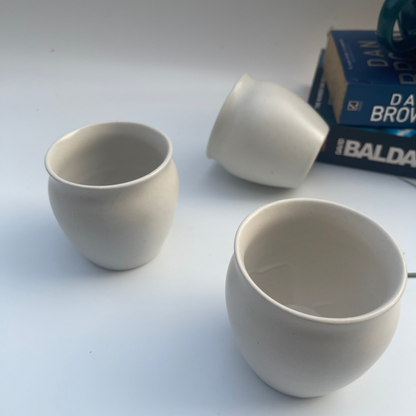 Set of 3 matte white ceramic kulhar-style cups – perfect for chai, coffee, or desserts