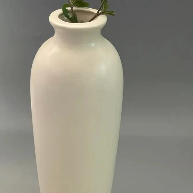 White Ivora ceramic vase with a plant on a gray background closeup