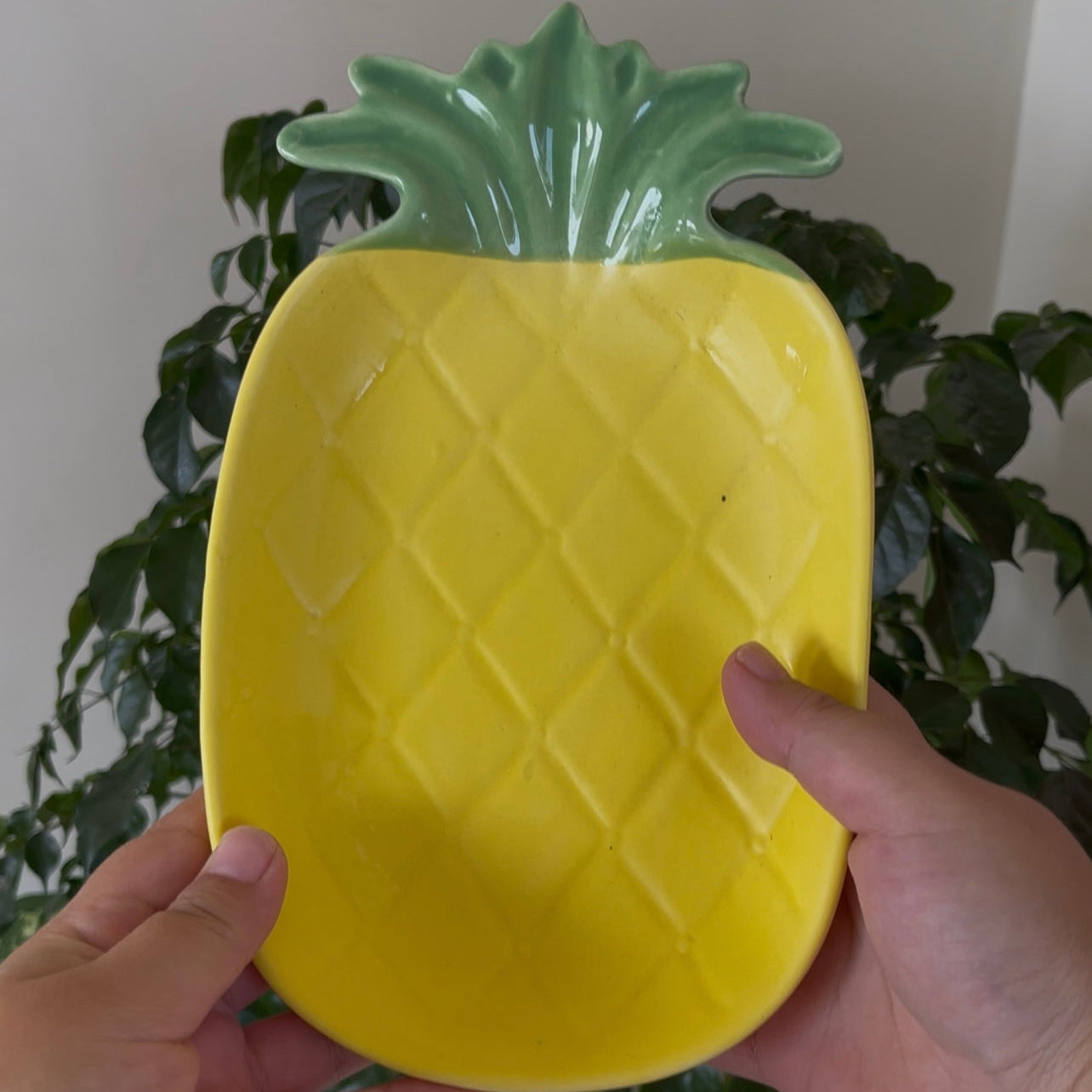 Yellow pineapple-shaped plate held by a person with a plant in the background
