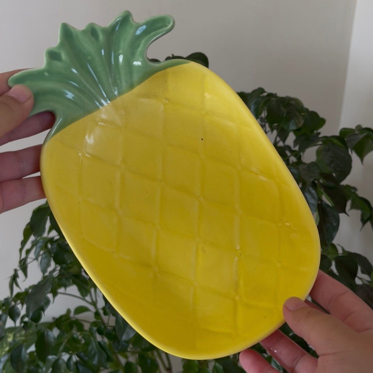 Yellow pineapple-shaped plate held by a person with a plant in the background