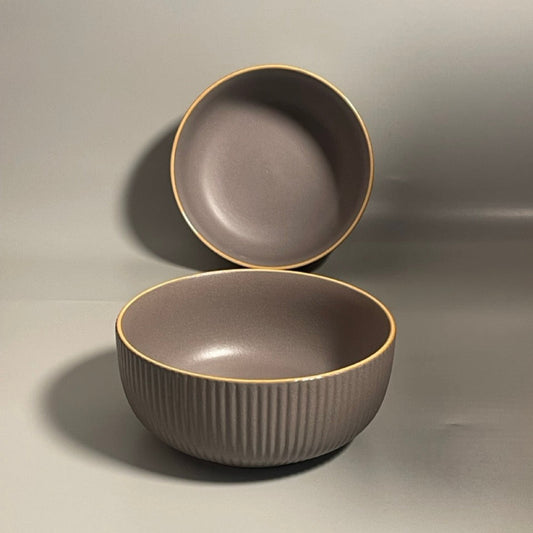 Ribbed ceramic grey bowl with gold rim for serving salad, ramen or dessert