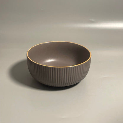 Ribbed ceramic grey bowl with gold rim for serving salad, ramen or dessert