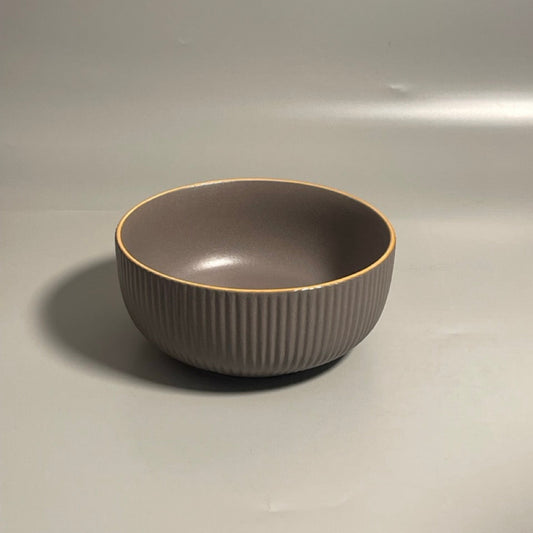 Ribbed ceramic grey bowl with gold rim for serving salad, ramen or dessert