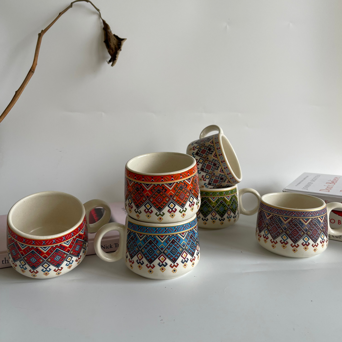 Sips of Nature ceramic tea cup set of 6 with assorted designs featuring deer, leaves, and nature motifs in earthy tones