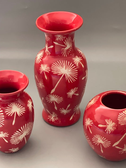Set of 3 stoneware vases in red with folk-inspired prints, urn-shaped for shelf and console styling